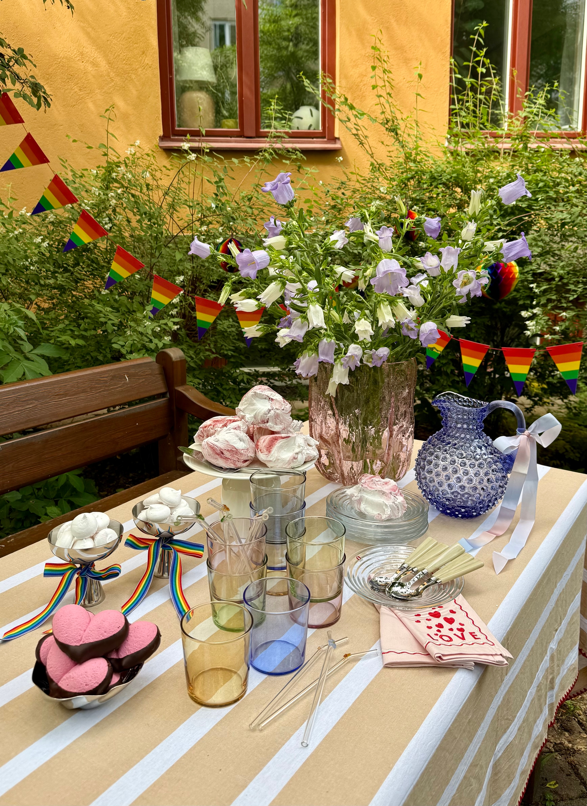 a table with a vase of flowers on it