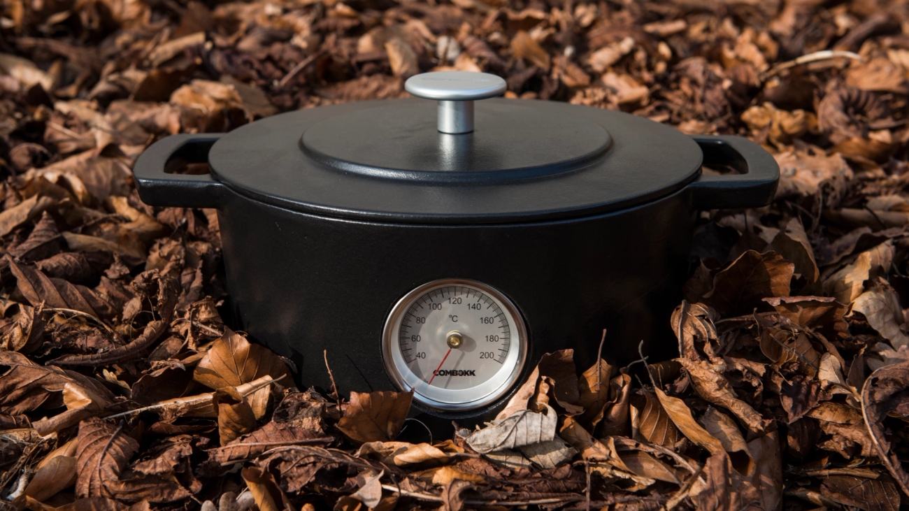 Combekk gjutärnsgryta liggandes i löv 