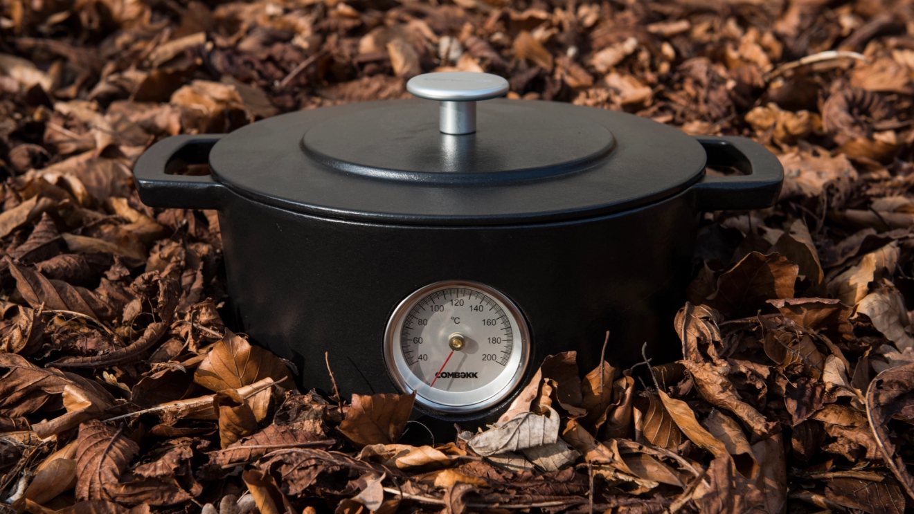 Combekk gjutärnsgryta liggandes i löv 