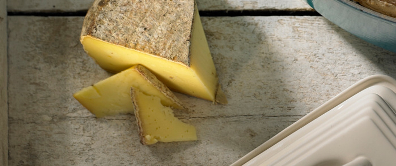 Ostekvern ost liggende på en hvit bordplate