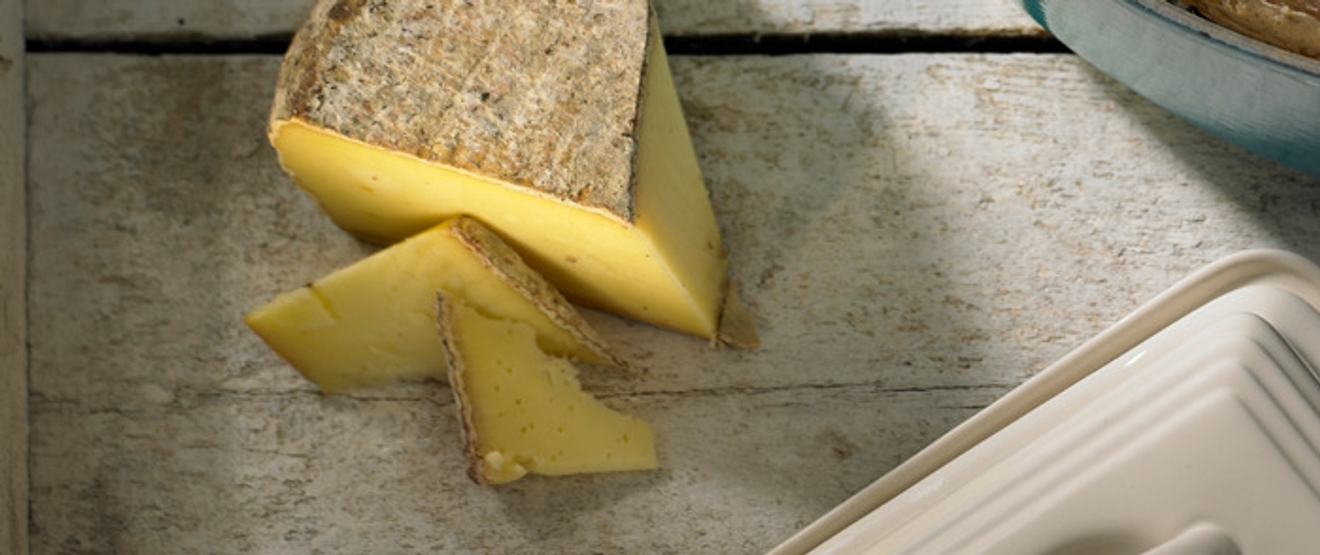 Ostekvern ost liggende på en hvit bordplate