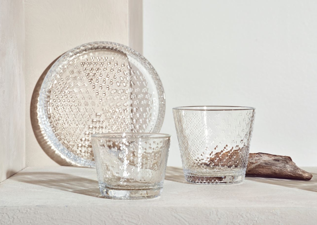 Iittala lasilautanen juomalasit ja kulho Tundra sarjasta