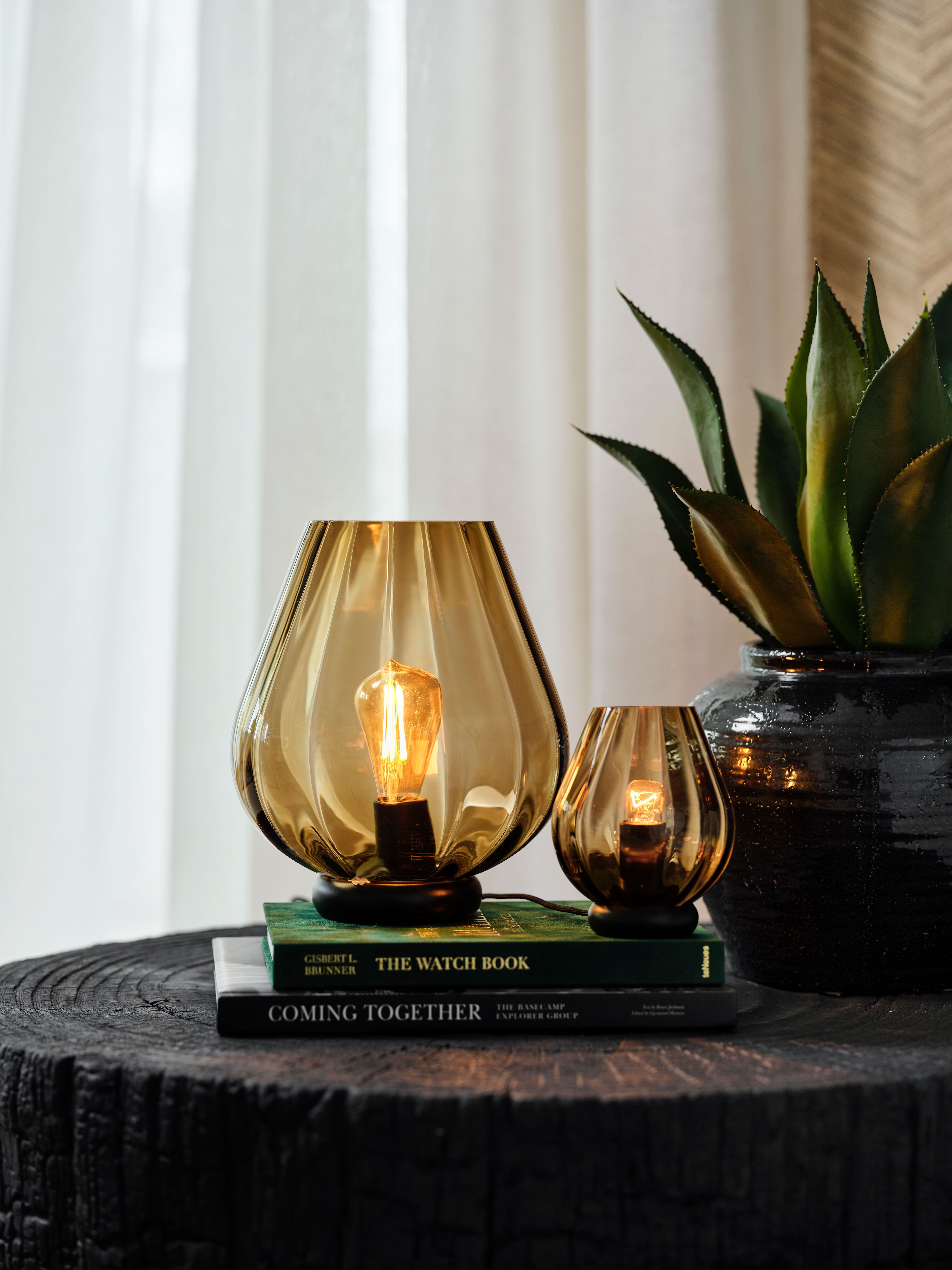 To dekorative bordlamper i ravfarget glass står på bøker ved siden av en grønn plante.