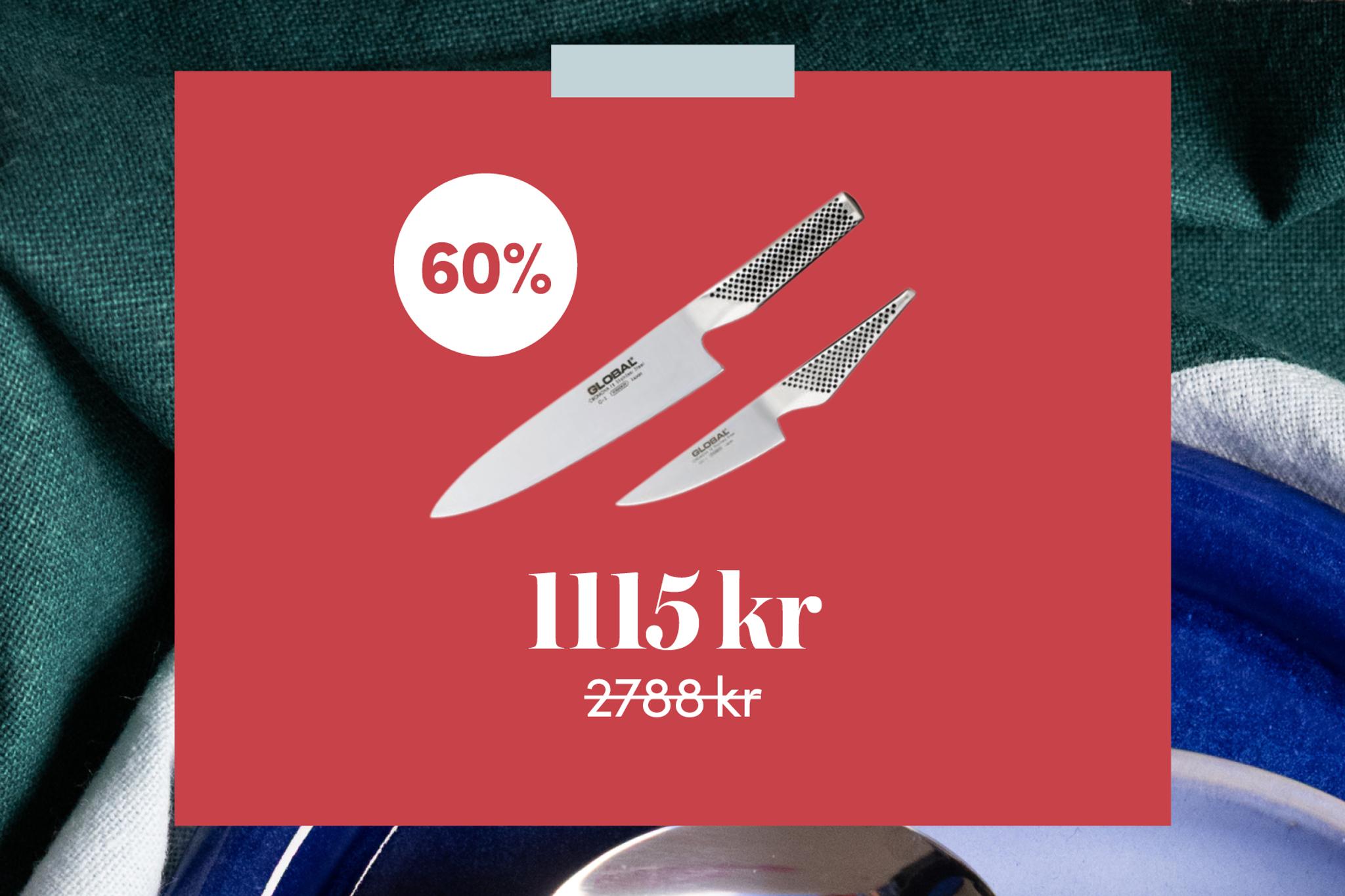 Two Global kitchen knives on a red background, discounted by 60% to 1115 kr (originally 2788 kr).