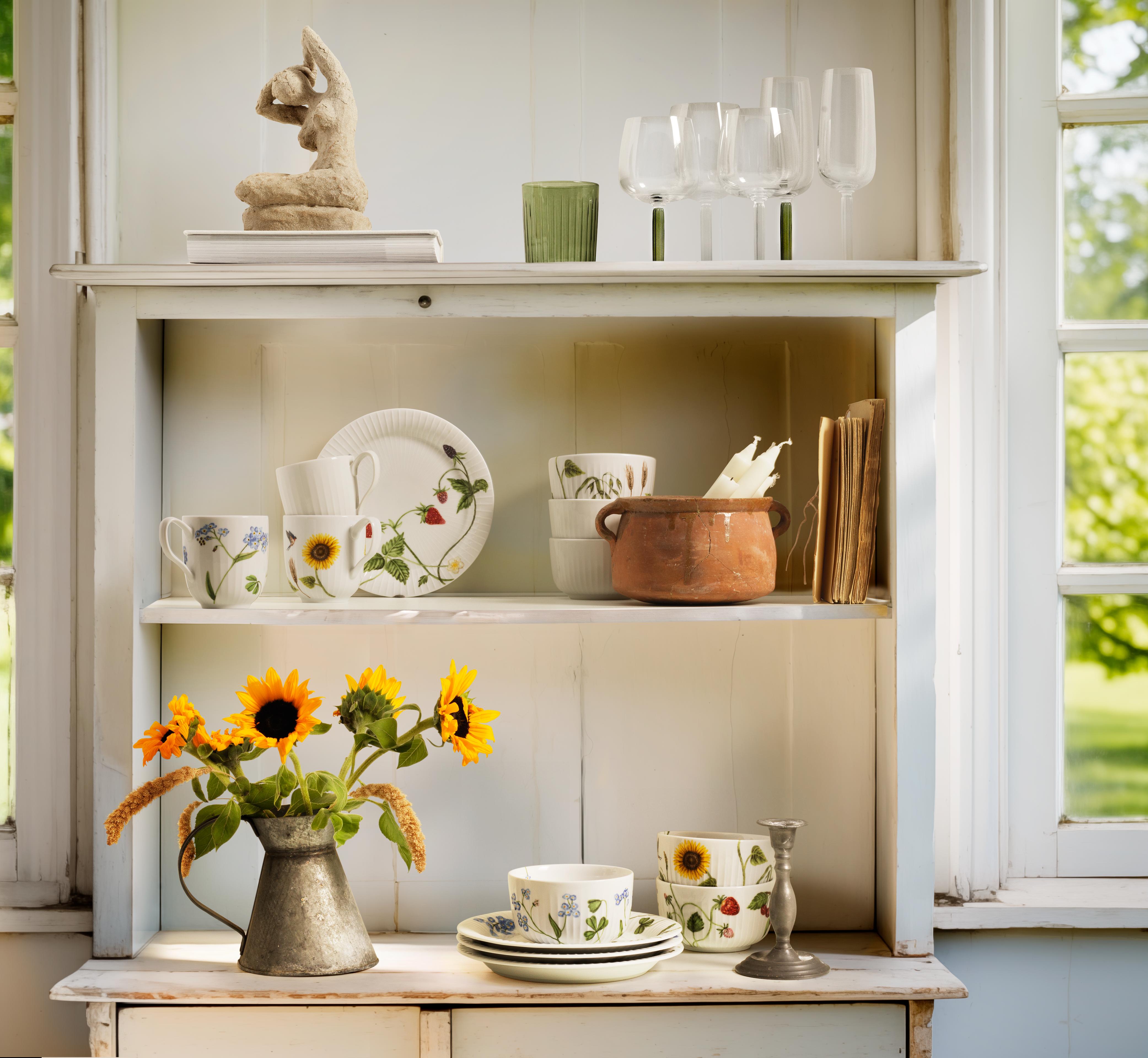 Hammershøi Summer kopper, tallerken og skåler i en hvit hylle