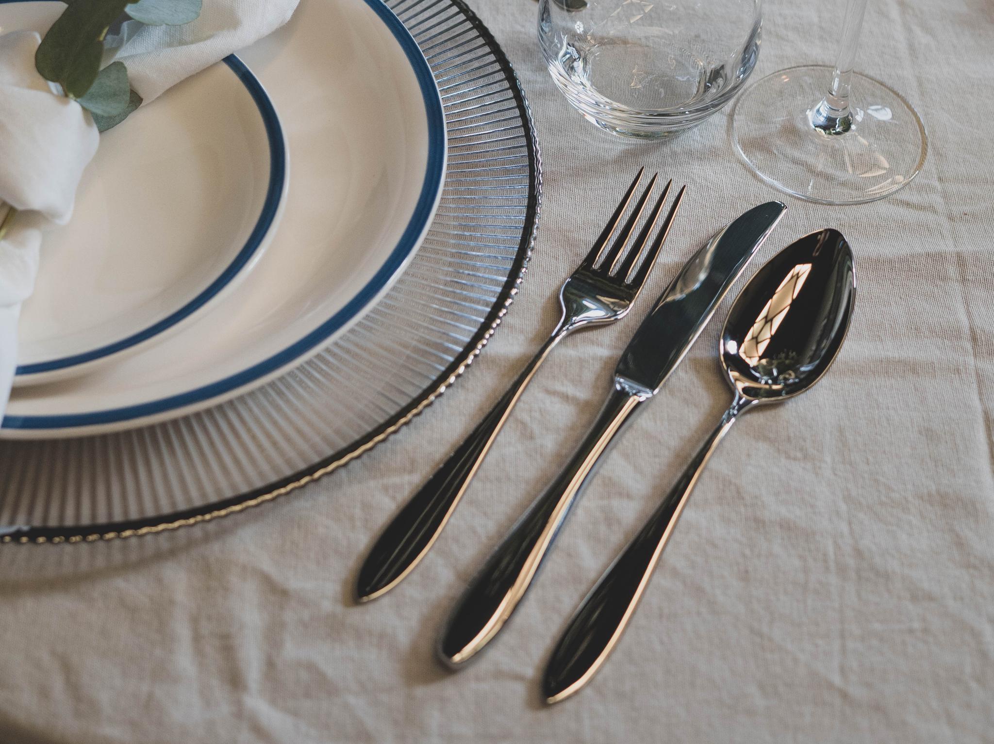 Ett dukat bord med en vit tallrik, blå kant, bestick, glas och en vas med gröna stjälkar.