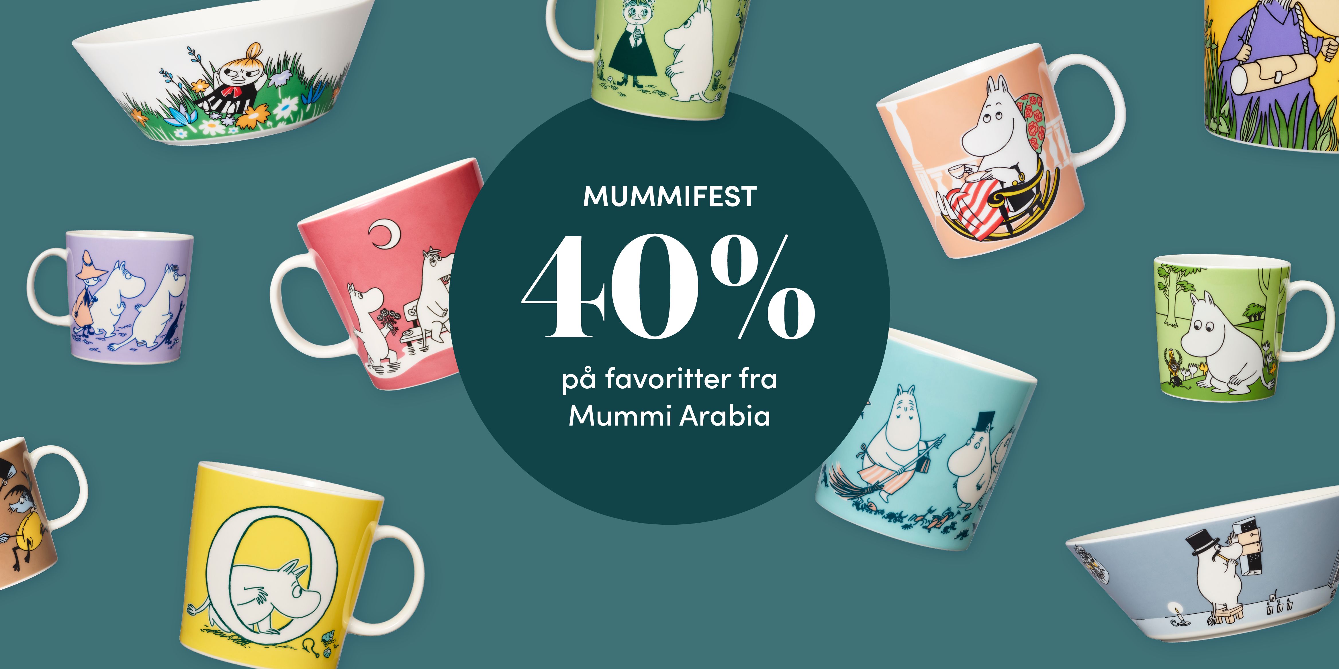Fargerike Mummi-krus og -skåler omgir en sirkel med reklamen «Mummifest: 40% rabatt på favoritter fra Mummi-Arabia».