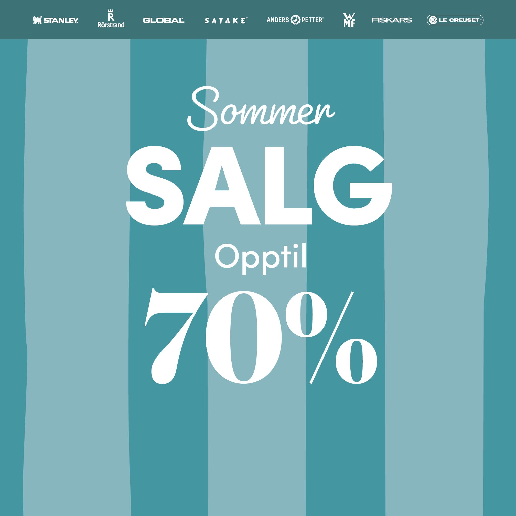 Reklamebanner med teksten «Sommer SALG opptil 70 %» på turkis stripet bakgrunn.