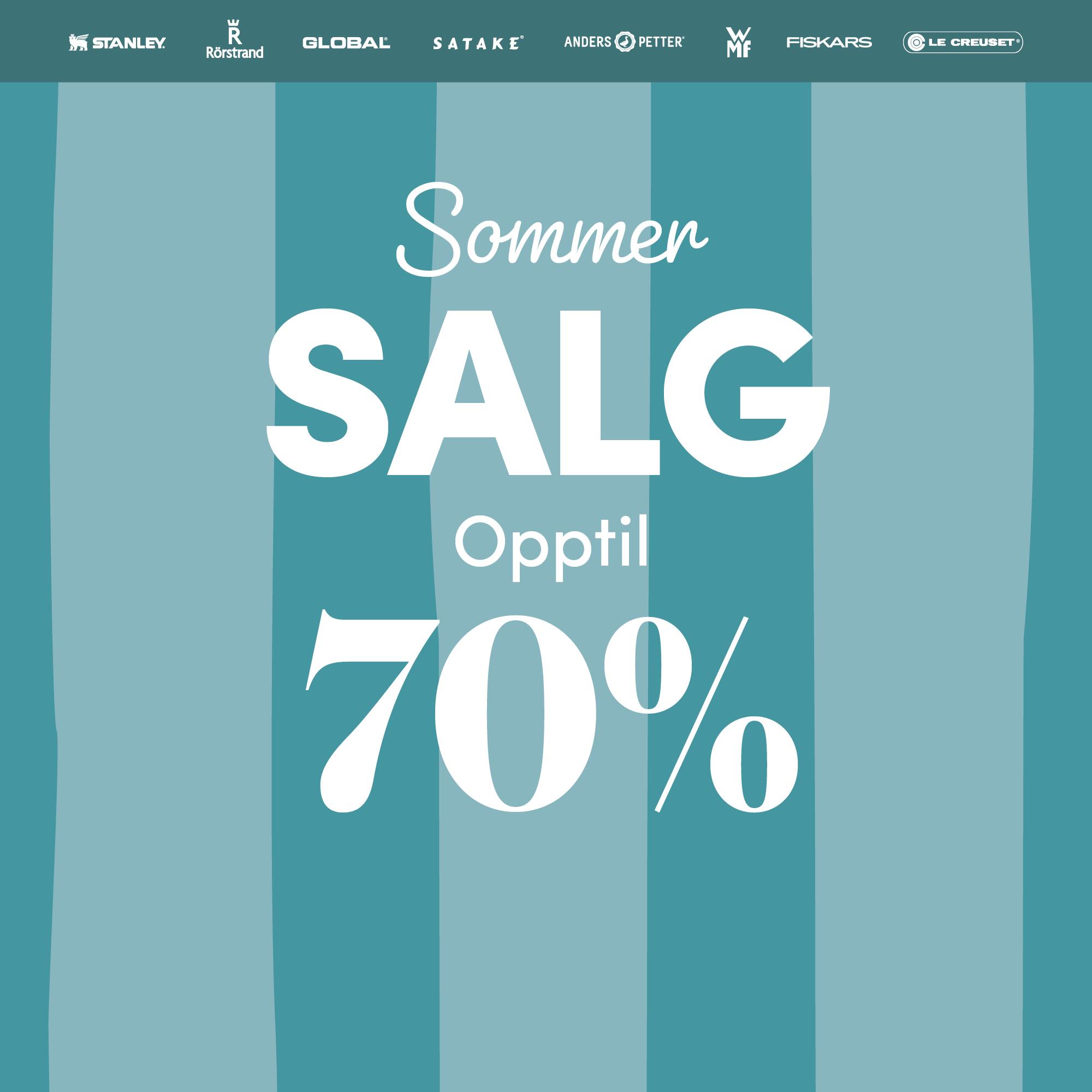 Reklamebanner med teksten «Sommer SALG opptil 70 %» på turkis stripet bakgrunn.