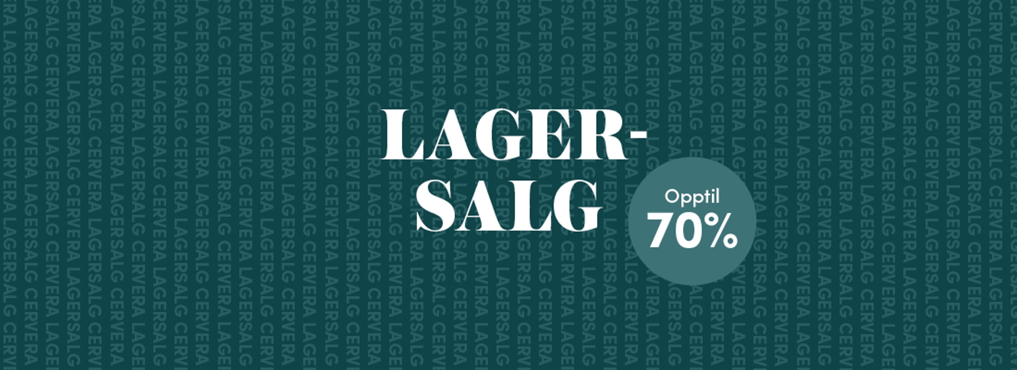 Banner for lagersalg med opptil 70 % rabatt på mørkegrønn bakgrunn.