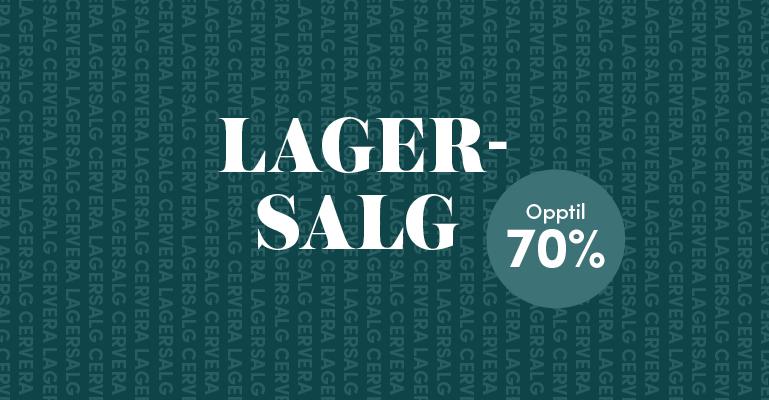 Lagersalg med opptil 70 % rabatt på mørkegrønn bakgrunn.