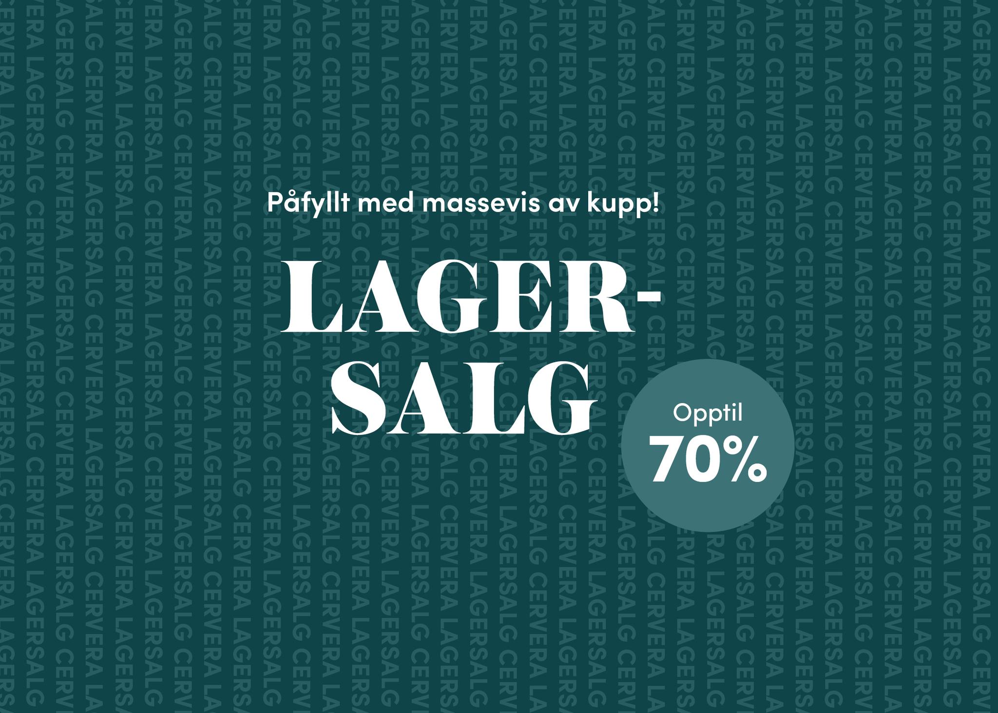 Grafisk banner for lagersalg på Cervera med opptil 70 prosent rabatt.