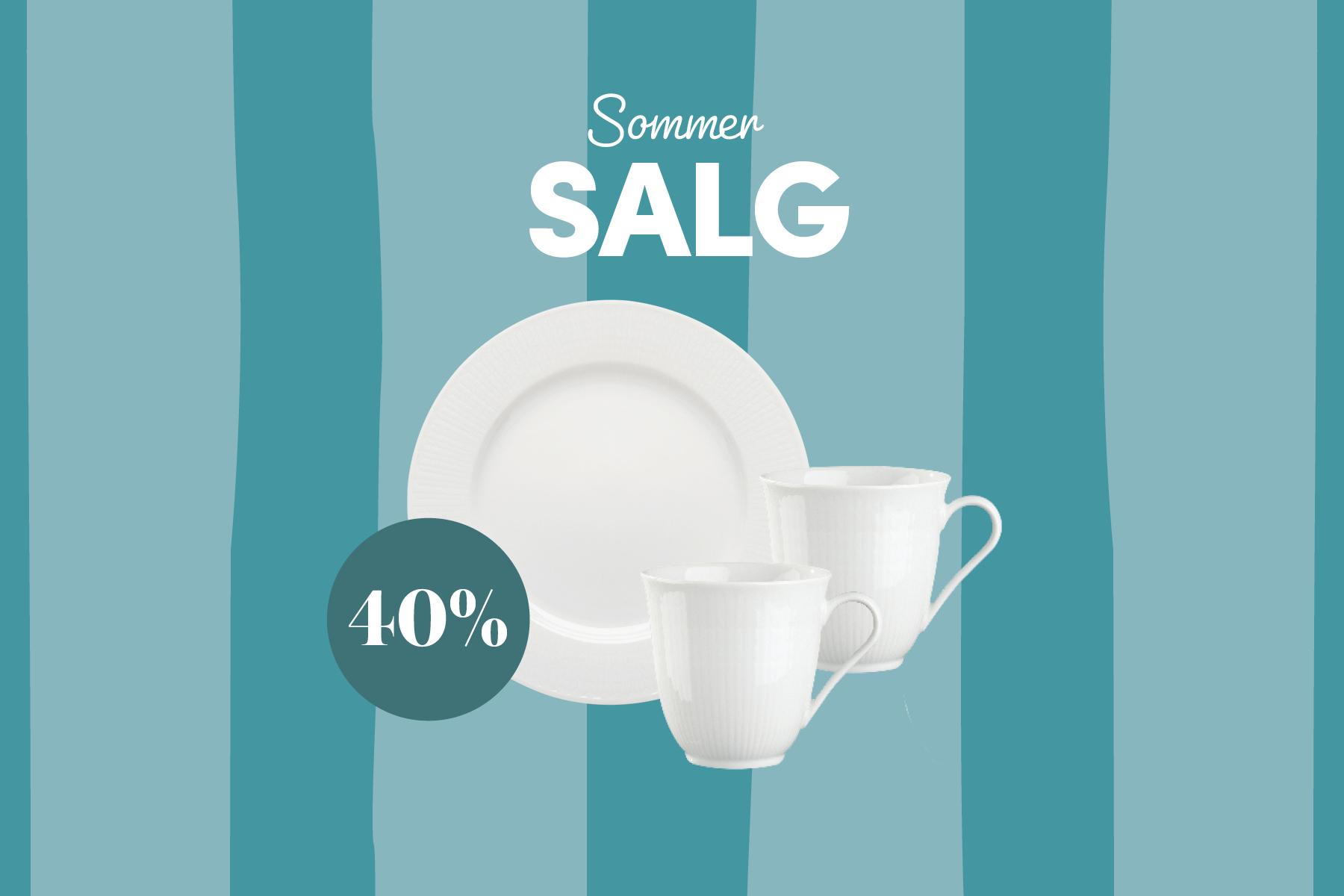 Sommerkampanje med hvitt servise og 40 % rabatt på turkisstripet bakgrunn.