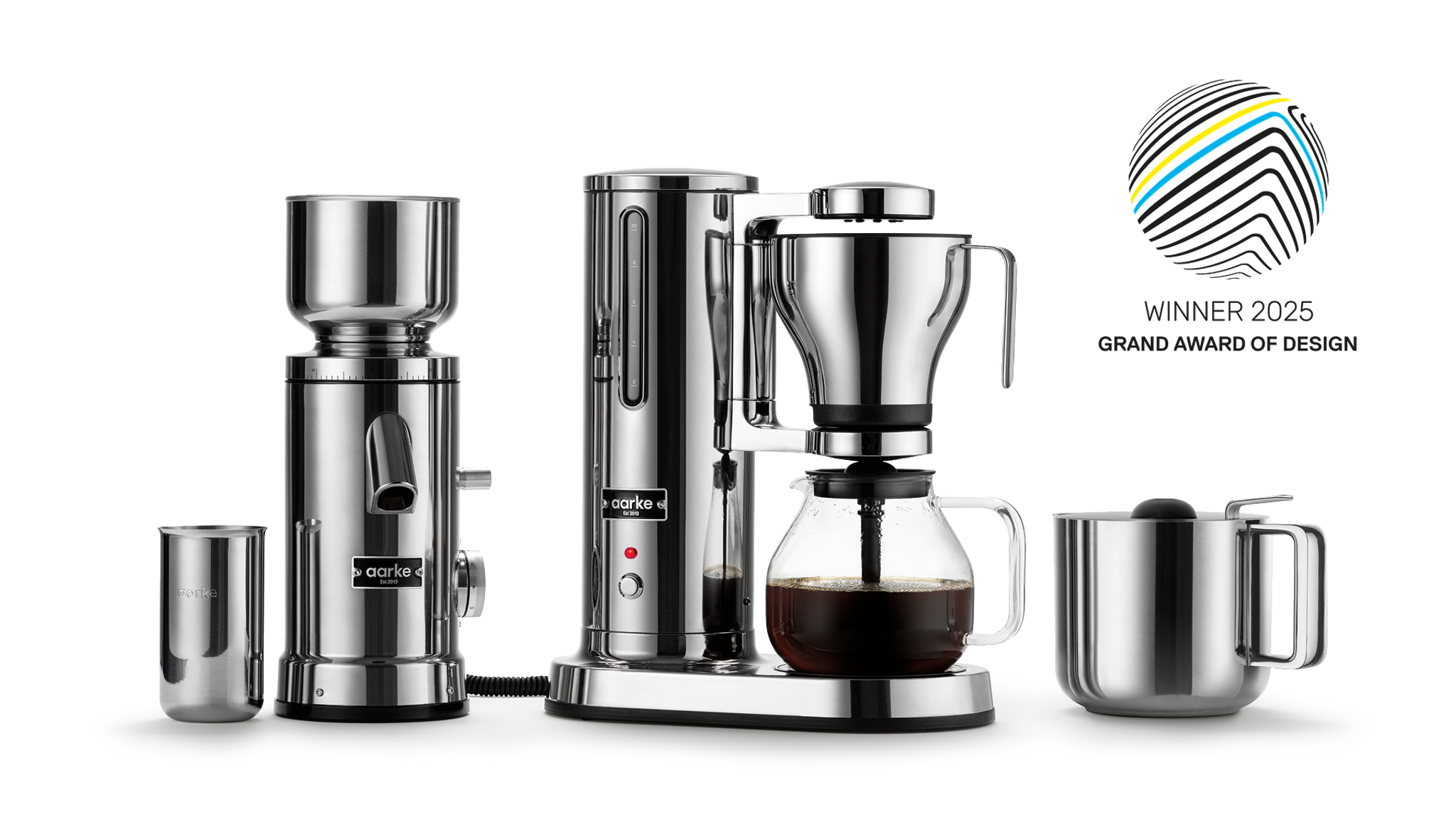 Kaffekvarn, kaffebryggare och termoskanna från Aarke