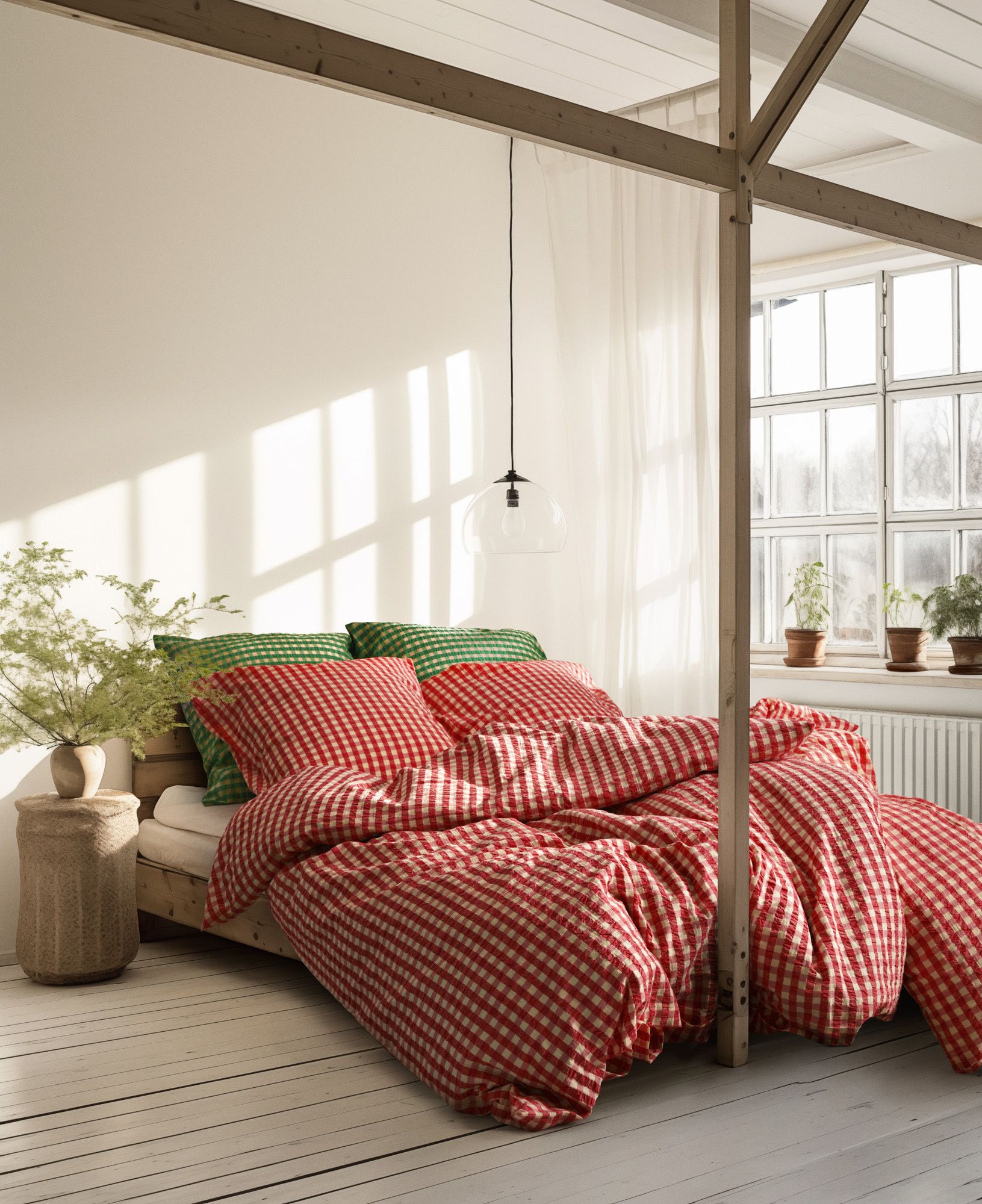 A bright bedroom with a bed featuring red and white gingham bedding and green pillows, framed by light wooden beams and illuminated by sunlight.