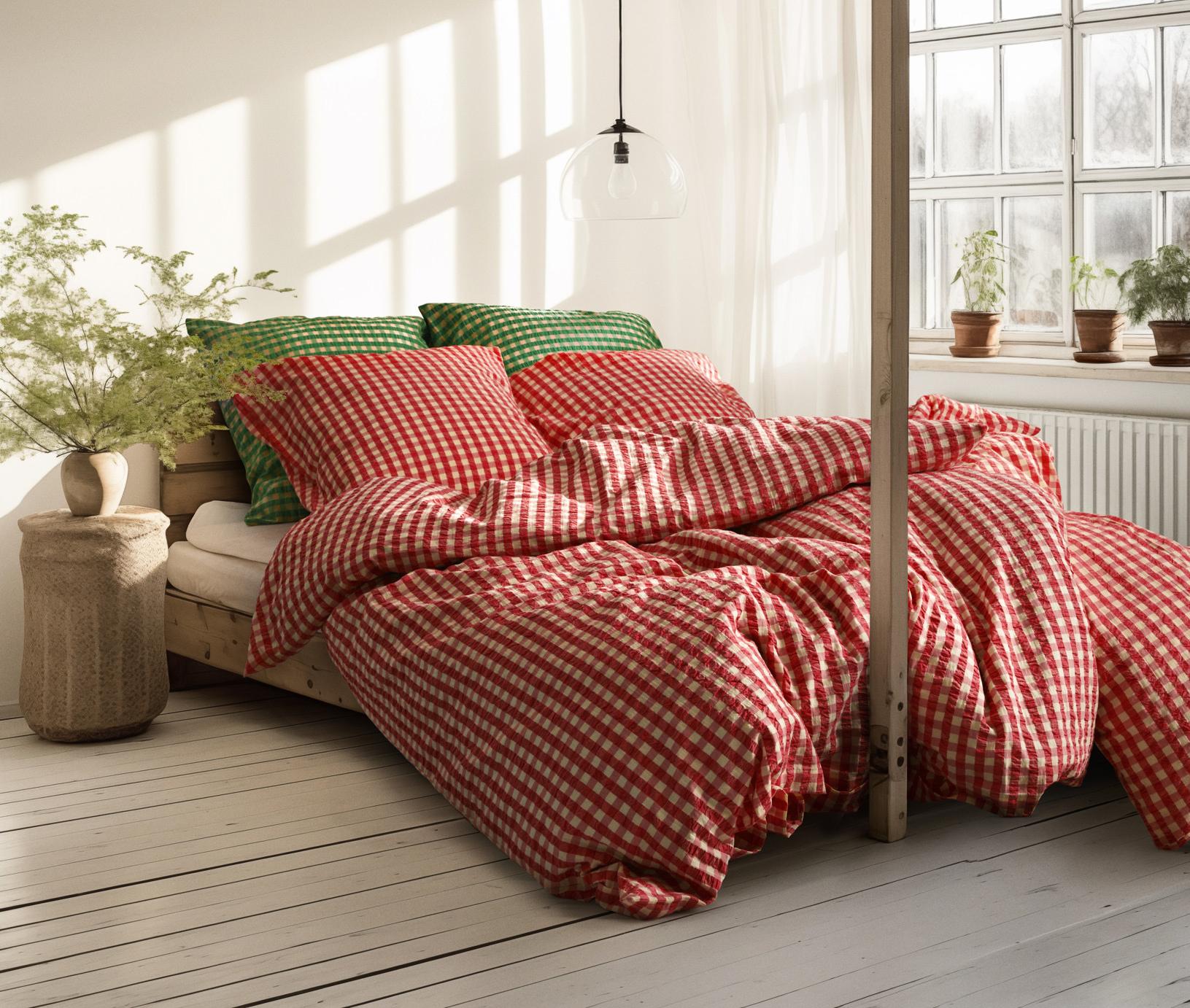 A bright bedroom with a bed featuring red and white gingham bedding and green pillows, framed by light wooden beams and illuminated by sunlight.