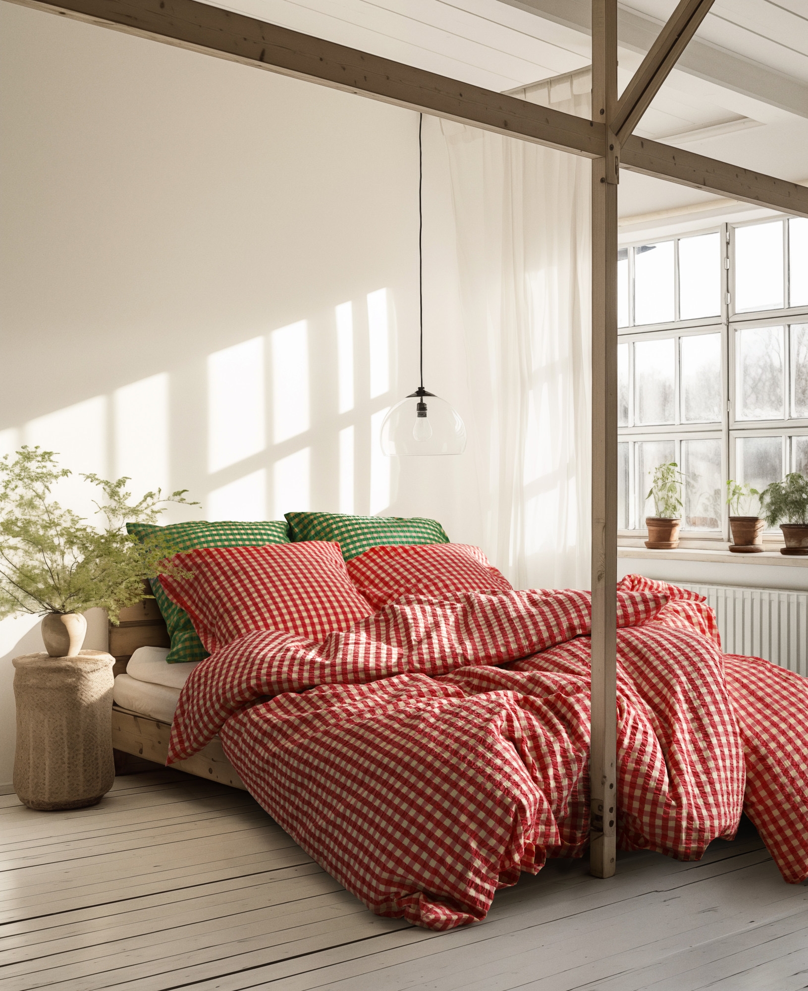 A sunlit bedroom with a bed featuring red and white gingham bedding, green pillows, a light wood frame, and potted plants by a window.