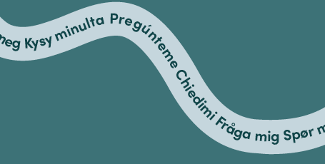 A wavy banner on a teal background with "Ask me" translated into multiple languages.