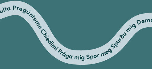 A wavy banner on a teal background with "Ask me" translated into multiple languages.