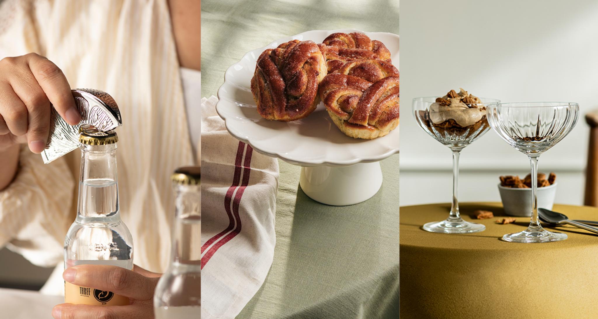 Kapsylöppnare, nybakade kanelbullar och eleganta dessertglas för festliga fikastunder.