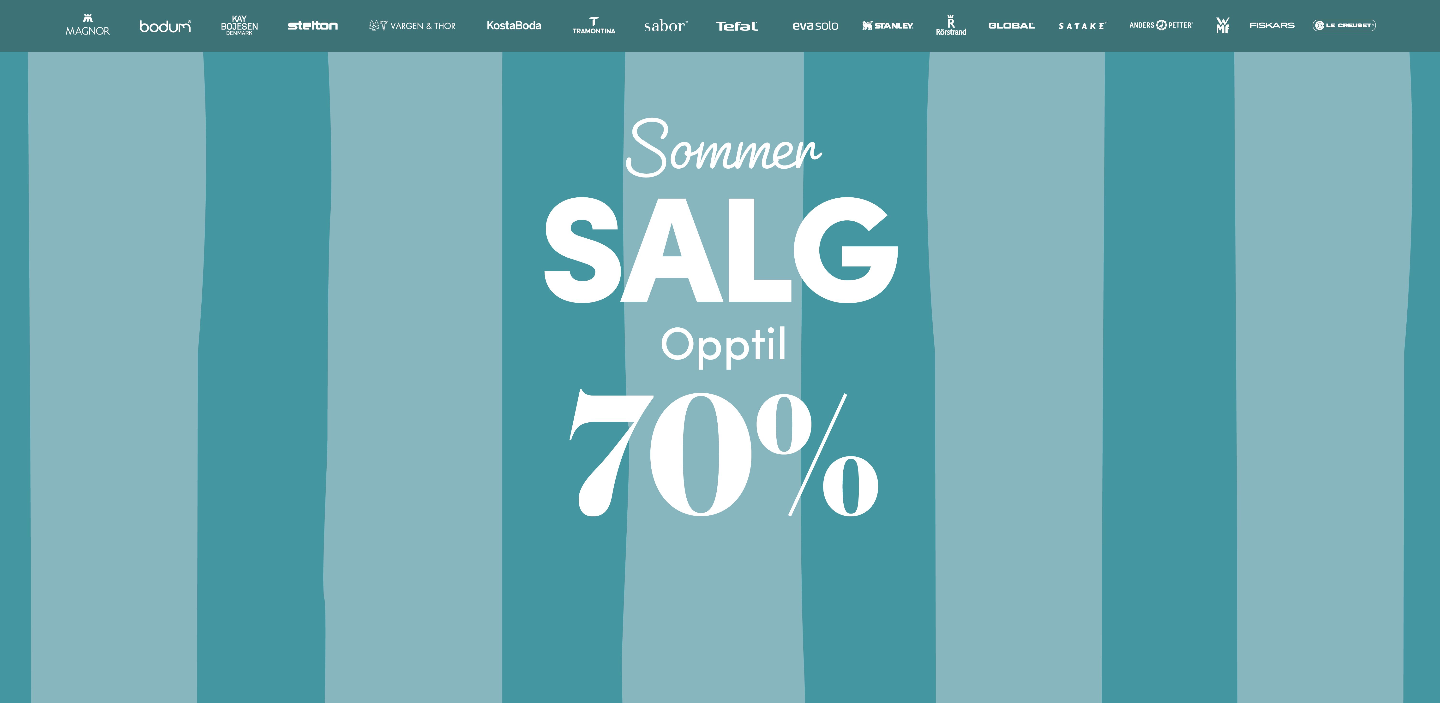 Grønn og turkis banner med teksten «Sommersalg opptil 70 %» i store hvite bokstaver.
