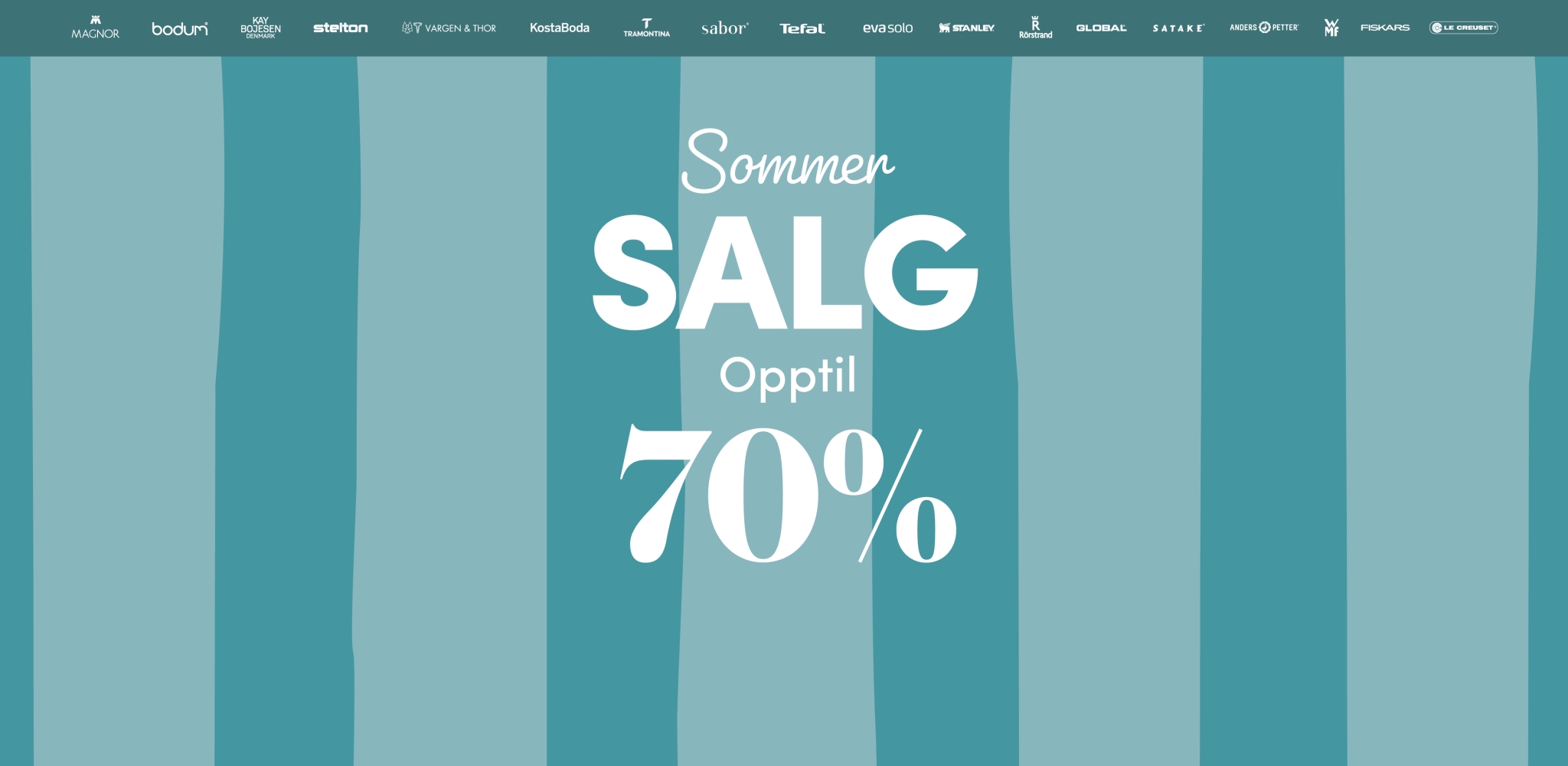 Banner med teksten «Sommersalg – opptil 70 %» på turkisstripet bakgrunn.