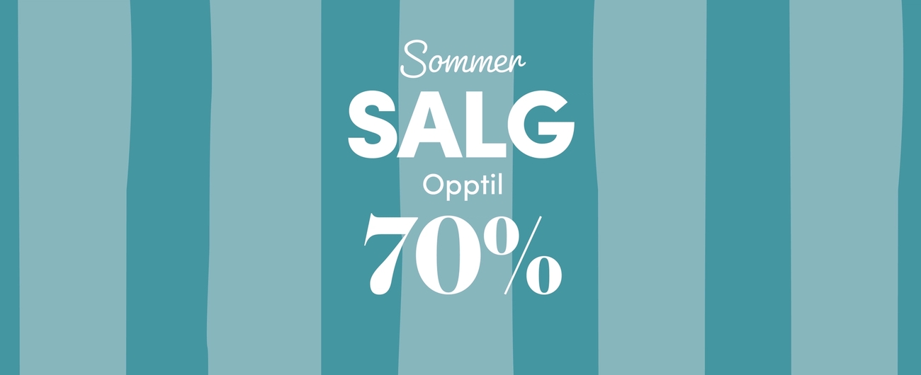 Grønn og turkis banner med teksten «Sommersalg opptil 70 %» i store hvite bokstaver.