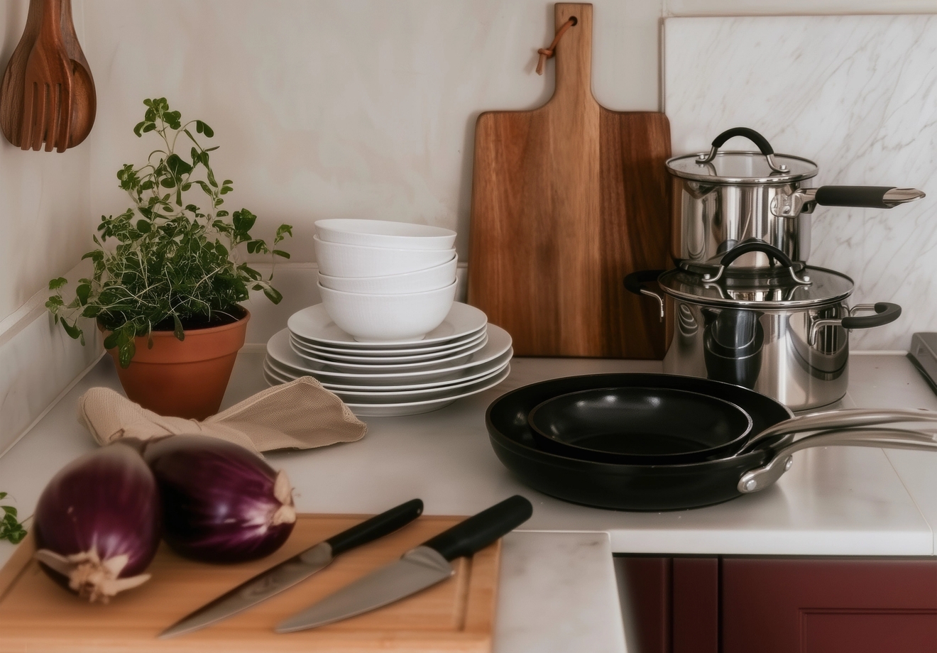 Köksbänk med aubergine, knivar, staplade tallrikar, grytor, stekpannor och en krukväxt.