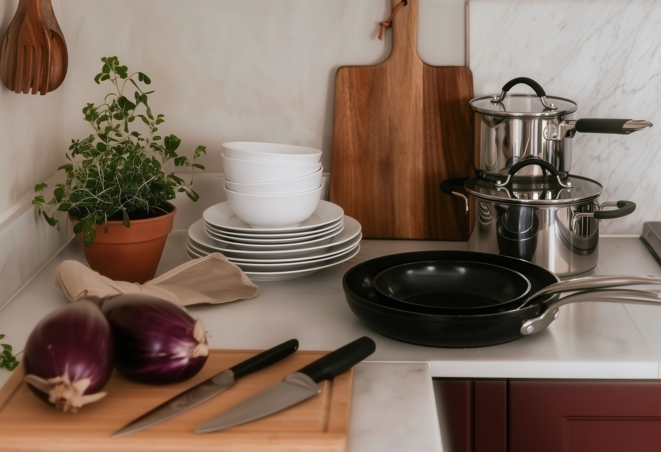 Köksbänk med aubergine, knivar, staplade tallrikar, grytor, stekpannor och en krukväxt.