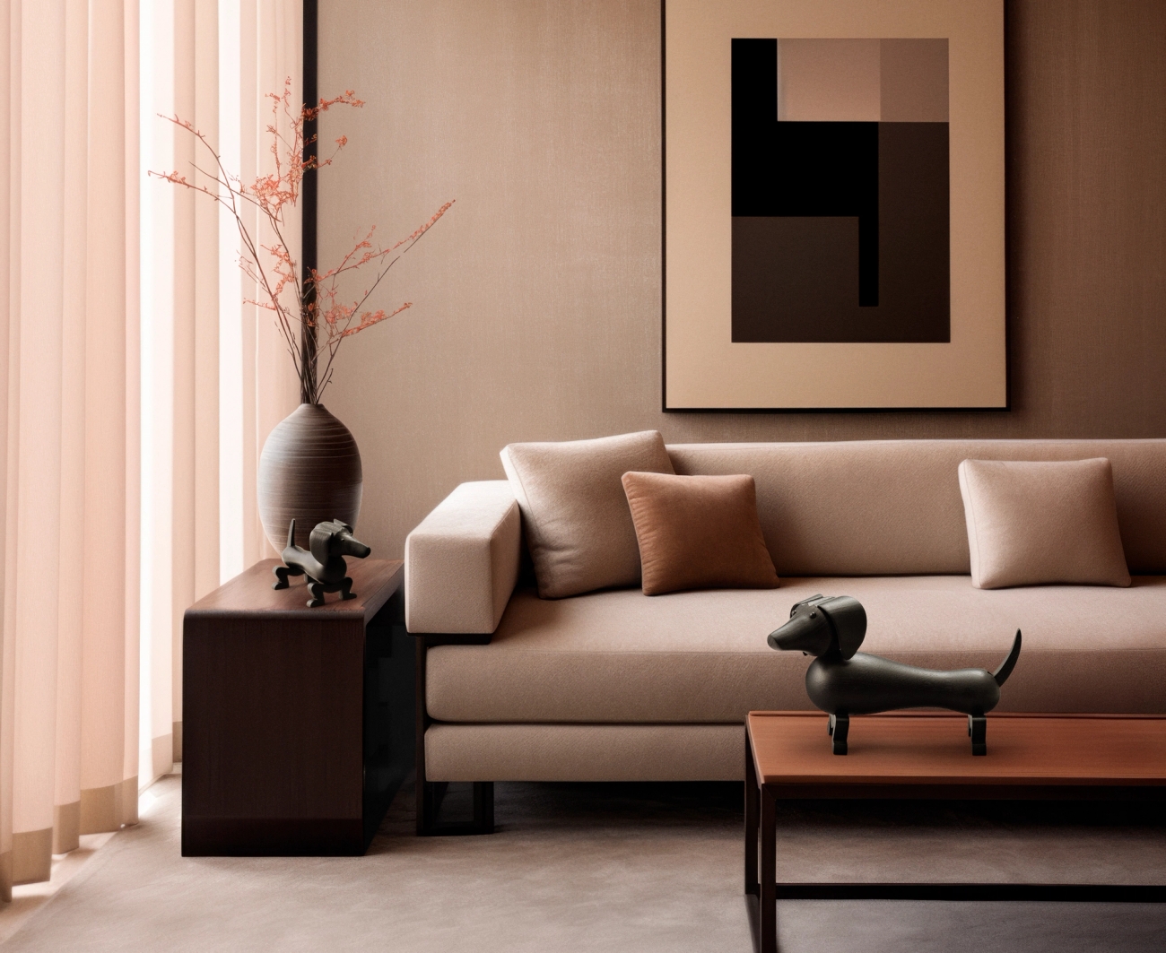 Vardagsrum med en stor rosa rund vas med påskris i på ett teakbord