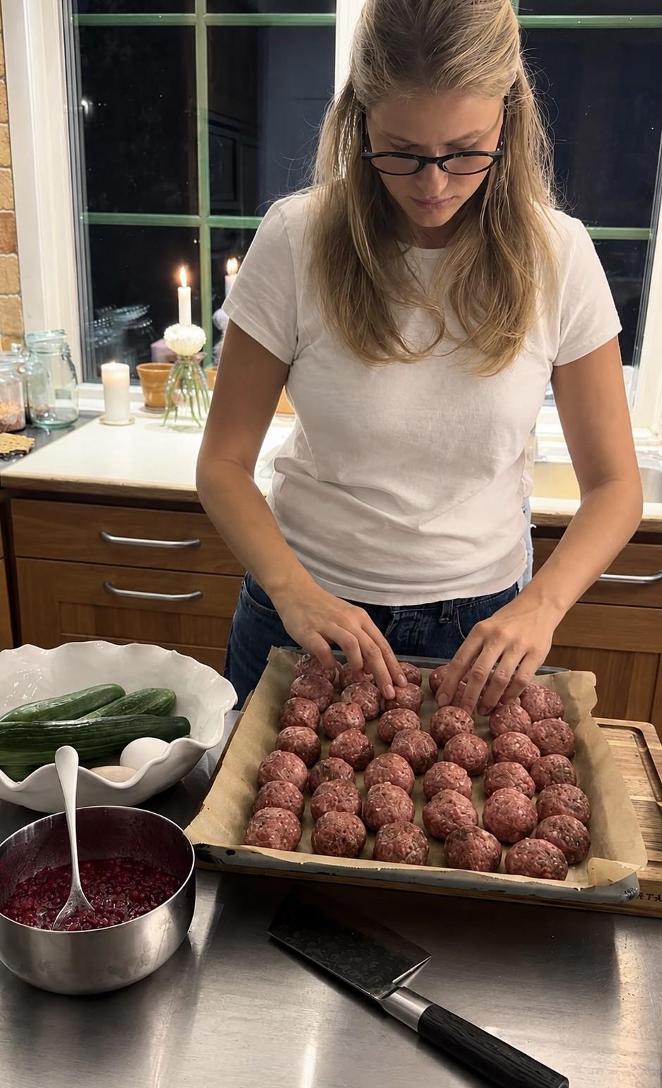 Kvinna formar köttbullar på en plåt i ett hemtrevligt kök.
