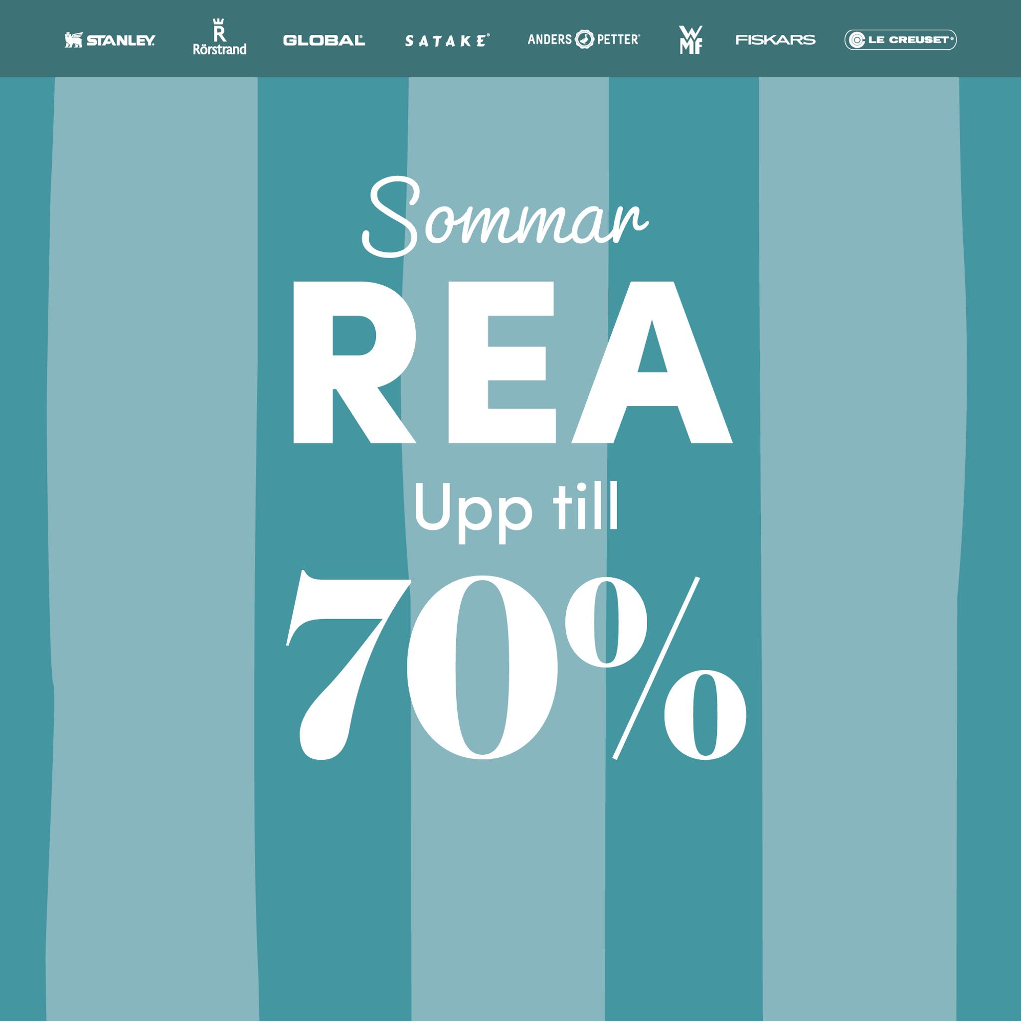 Turkos banner med texten ”Sommarrea upp till 70 %” och logotyper för kända köks- och designvarumärken.