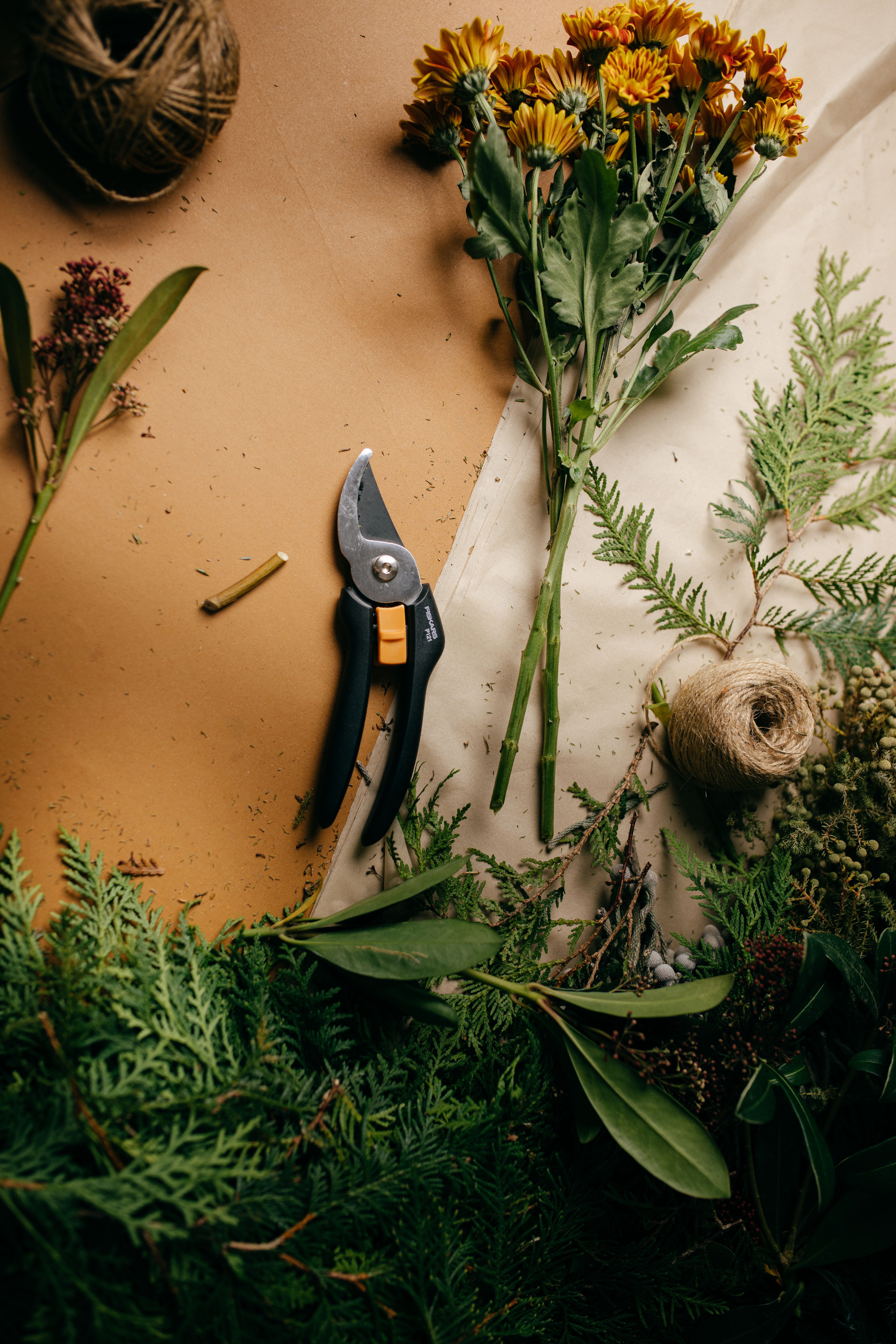 Flat lay av gule krysantemum, beskjæringssaks, hyssing og ulike grønne planter på kraftpapir