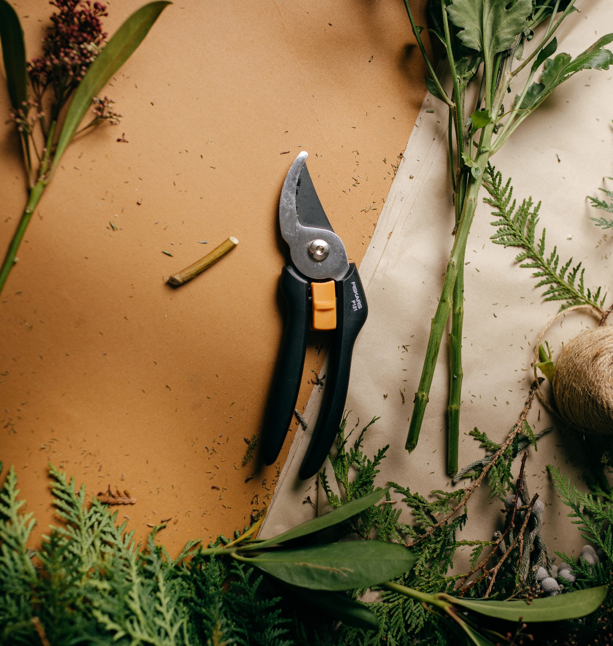 Flat lay av gule krysantemum, beskjæringssaks, hyssing og ulike grønne planter på kraftpapir