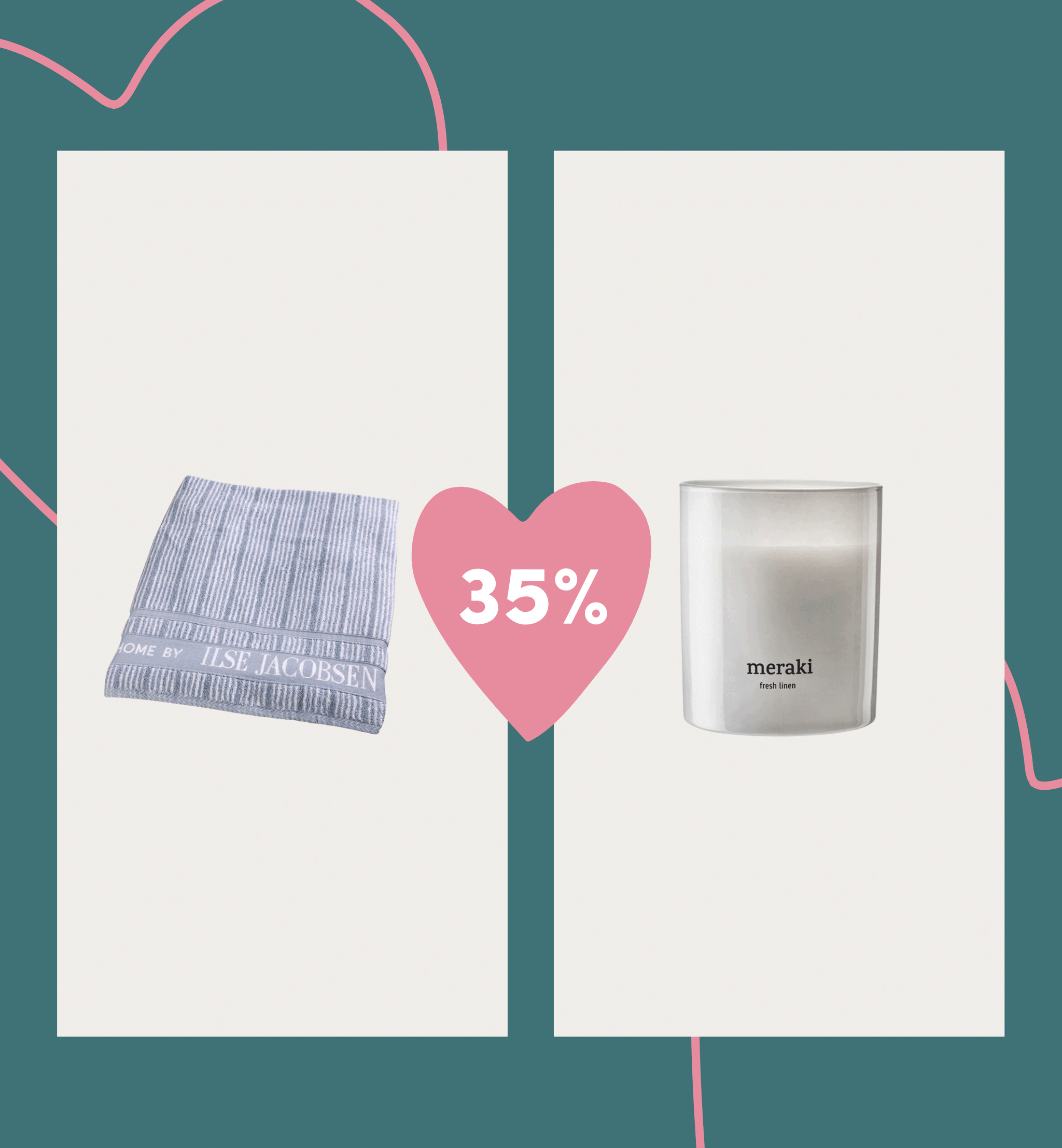 A blue striped towel and a white Meraki candle, with a pink heart displaying 35% off.