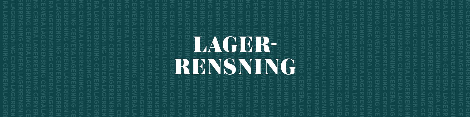 Banner med texten ”Lagerrensning” i vit stilren font mot mörkgrön bakgrund.