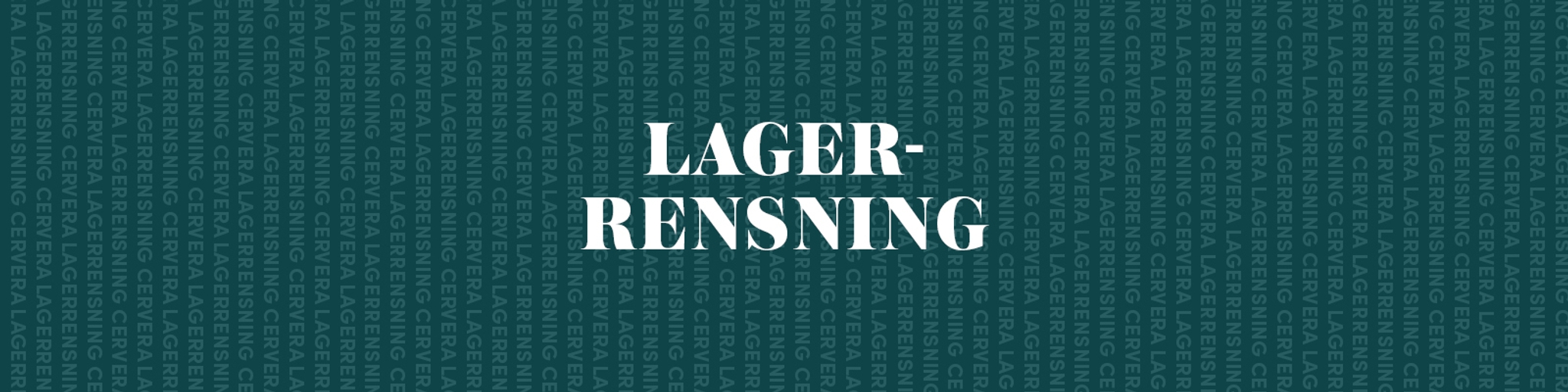 Banner med texten ”Lagerrensning” i vit stilren font mot mörkgrön bakgrund.