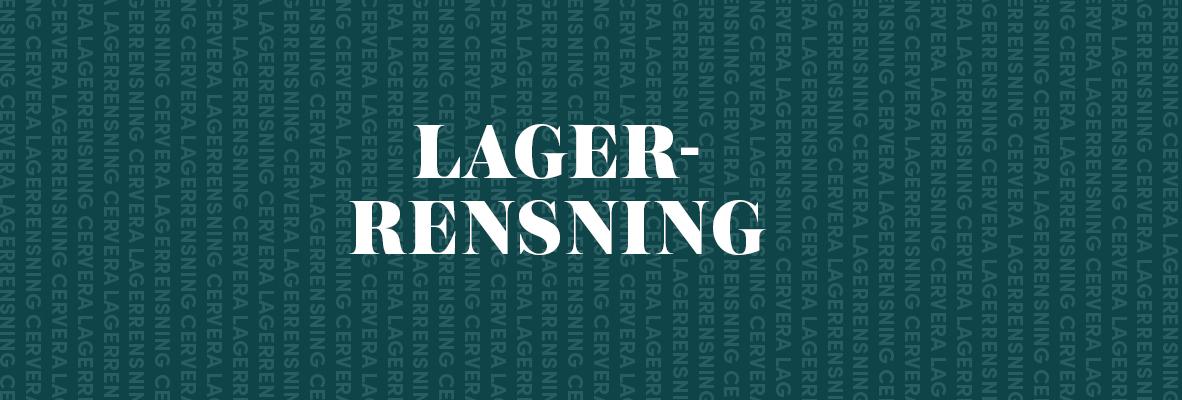 Banner med texten ”Lagerrensning” i vit stilren font mot mörkgrön bakgrund.
