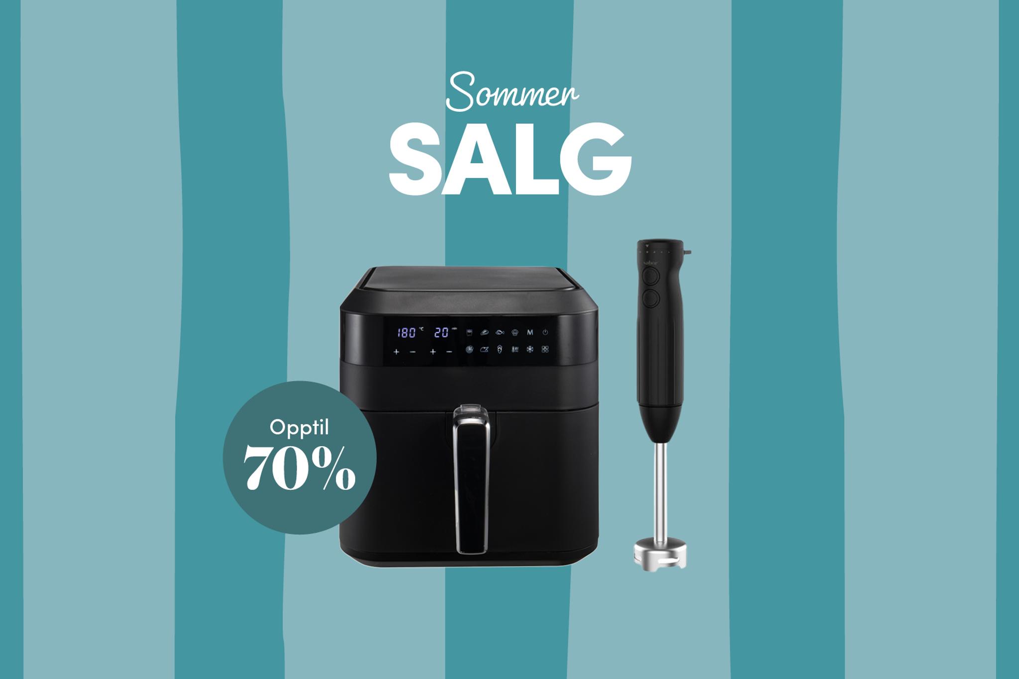 Sommerkampanje på kjøkkenutstyr med airfryer og stavmikser, opptil 70 % rabatt.