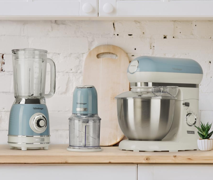 Ariete vintage blender, köksmaskin och micro i ljusblått