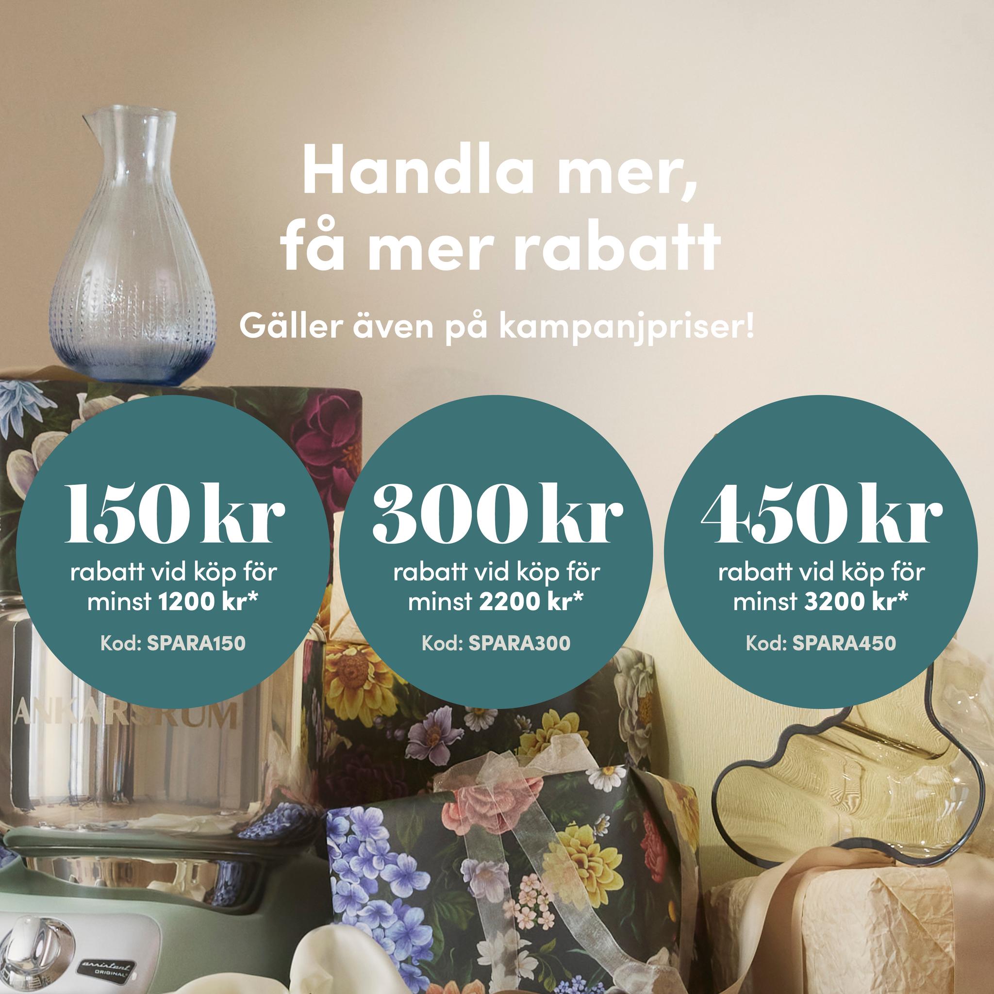 Kampanjbild med text om mängdrabatt och rabattkoder i kronor framför inredningsdetaljer och köksprodukter.