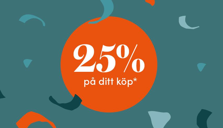 Kampanjbanner med 25 % rabatt på ditt köp mot en turkos bakgrund med färgglad konfetti.