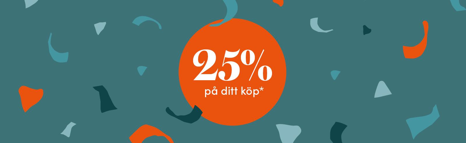 Kampanjbanner med 25 % rabatt på ditt köp mot en turkos bakgrund med färgglad konfetti.