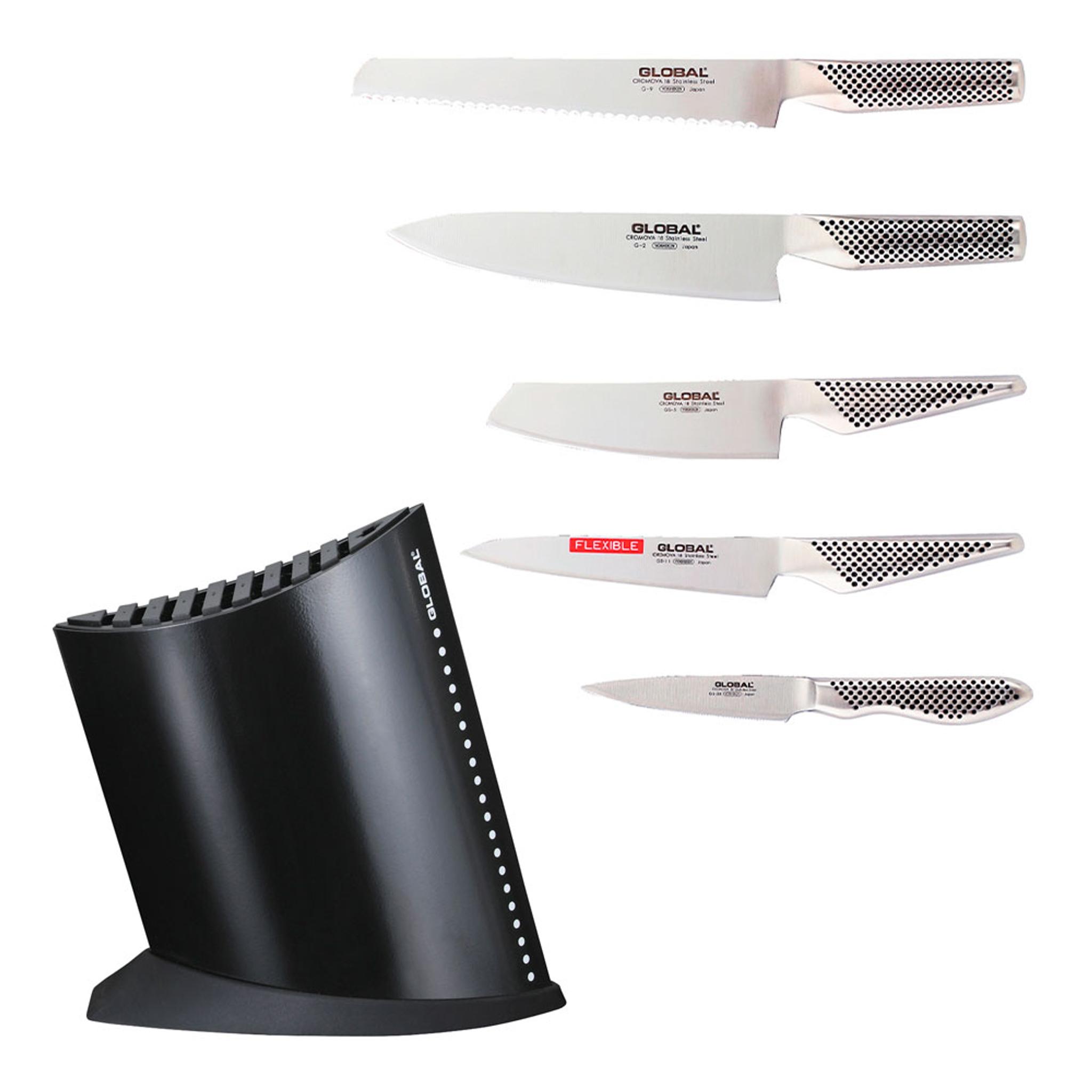 Global 5 delar knivset och ett svart knivblock