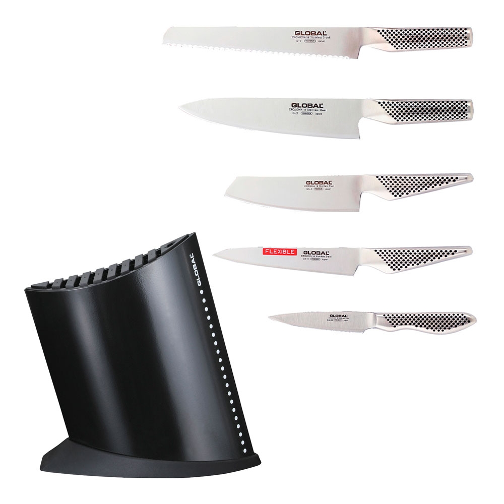 Global 5 delar knivset och ett svart knivblock