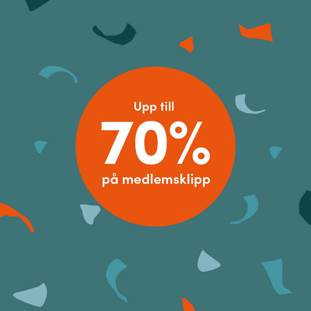 Kampanjbudskap Upp till 70% på medlemsklipp i en grafisk banner med konfetti mot en petrolblå bakgrund