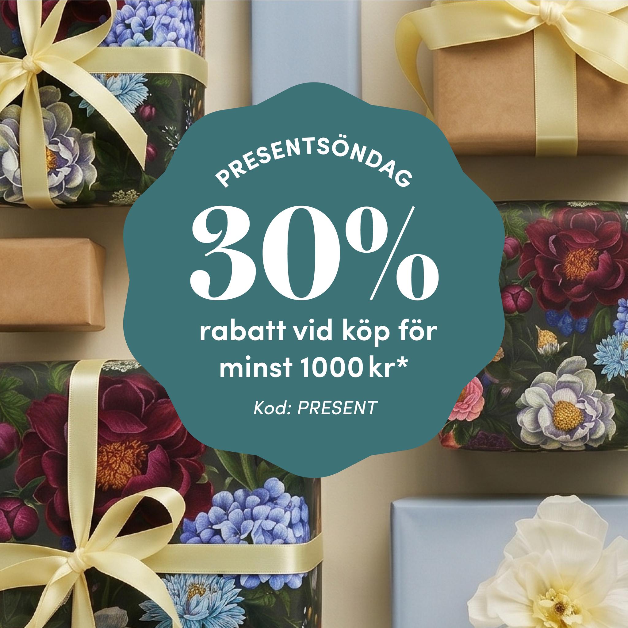 Kampanjbild med inslagna presenter och texten ”Presentsöndag – 30% rabatt vid köp för minst 1000 kr, kod: PRESENT”.