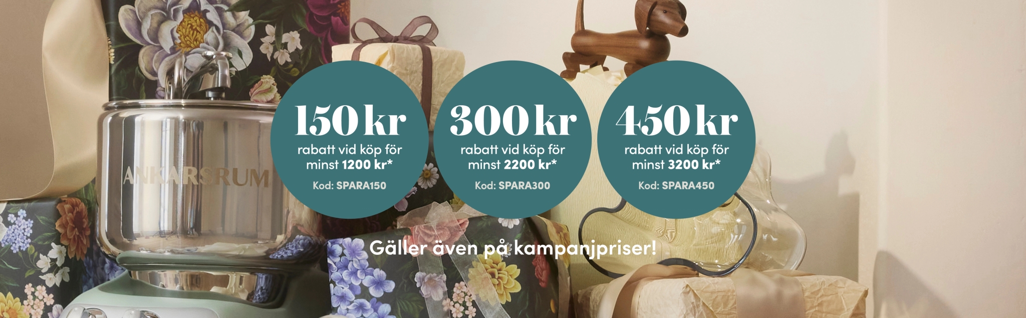 Kampanjbild med köksmaskin, presenter och text som visar rabattkoder på 150, 300 och 450 kronor vid olika köpsummor.