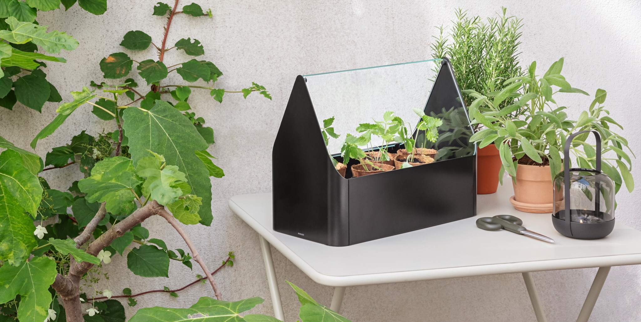 Urban gardening på en balkong utomhus i stan