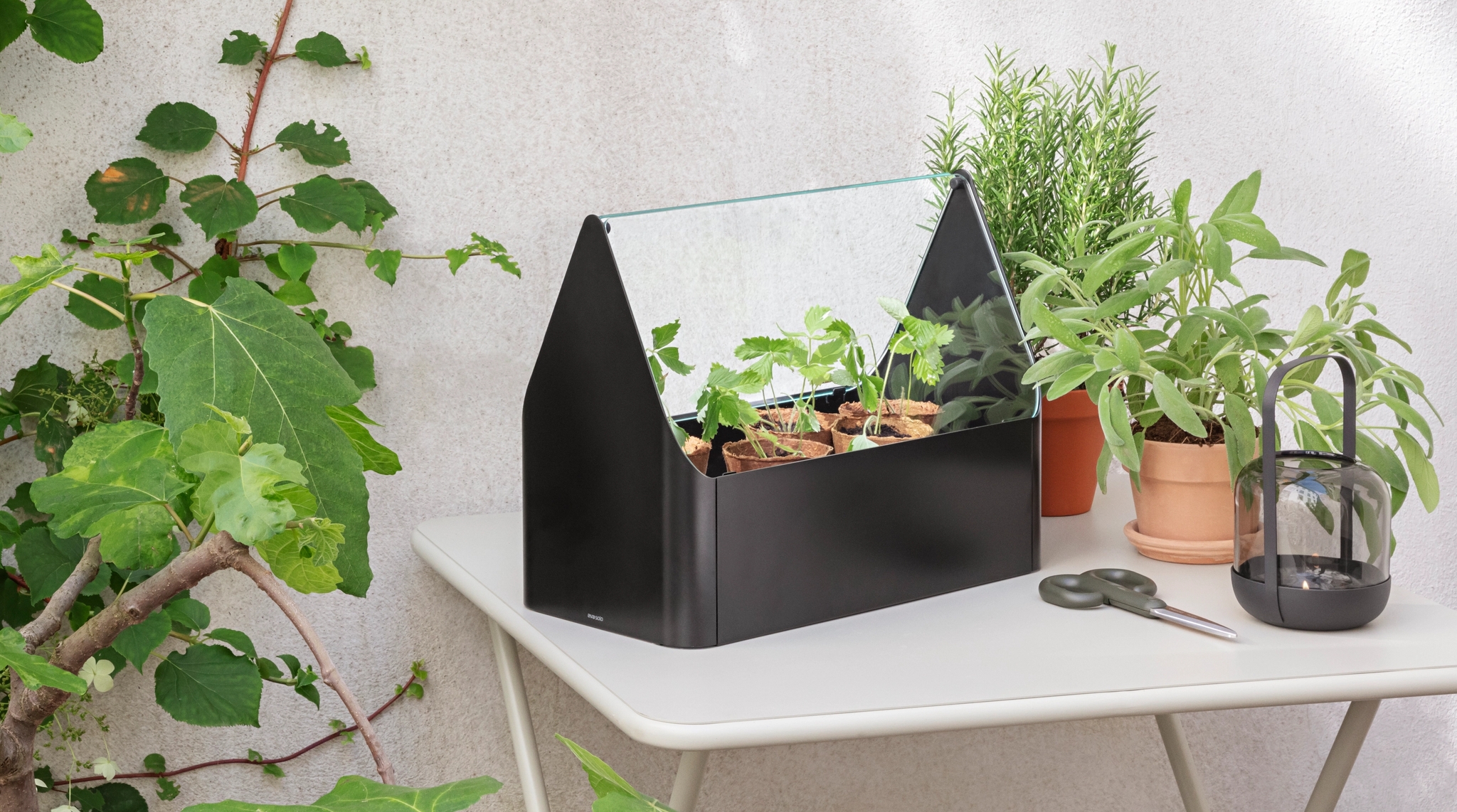 Urban gardening på en balkong utomhus i stan